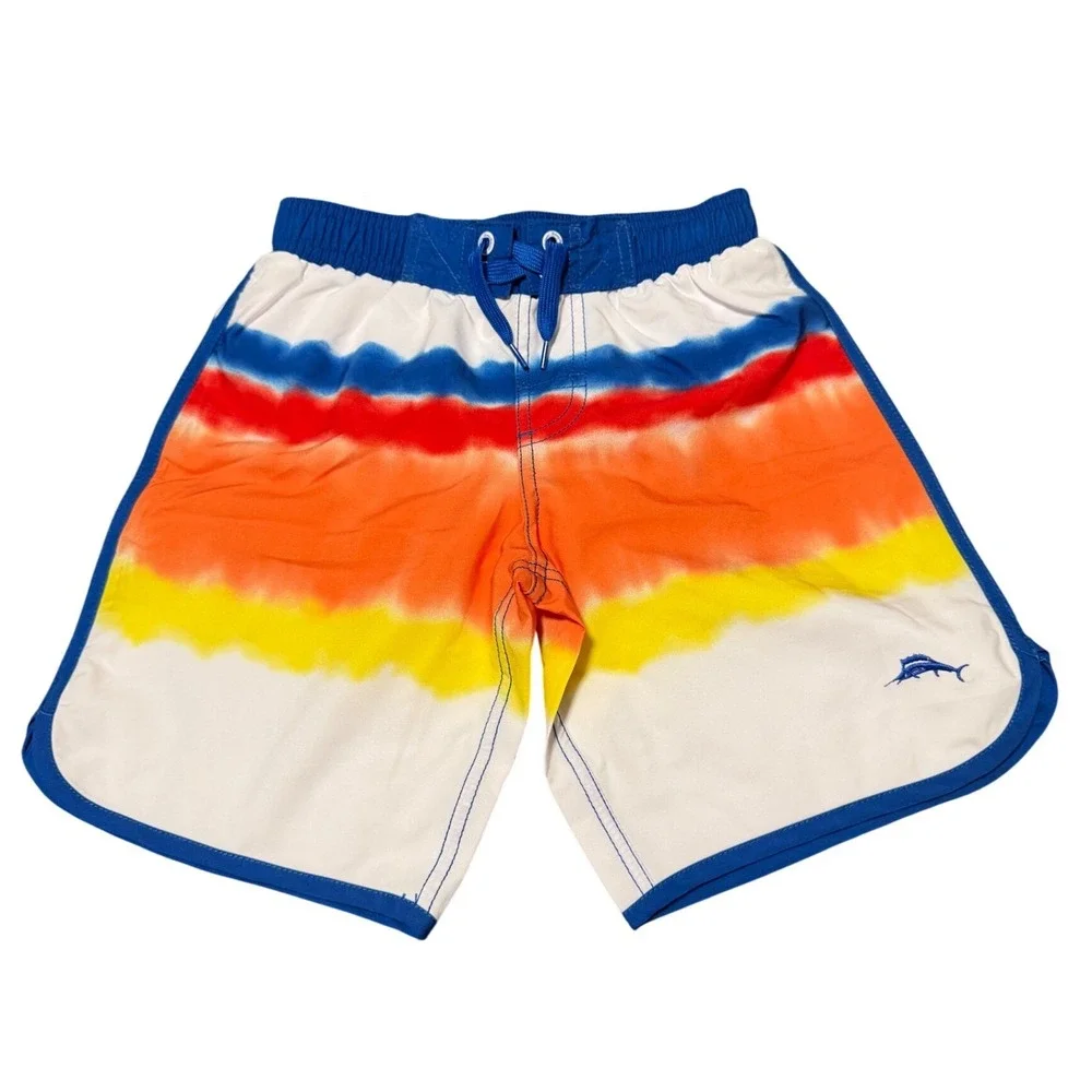 Tommy Bahama Boys Rainbow Tie‎ Dye Stripe Swim Trunks White Blue Size 5/6